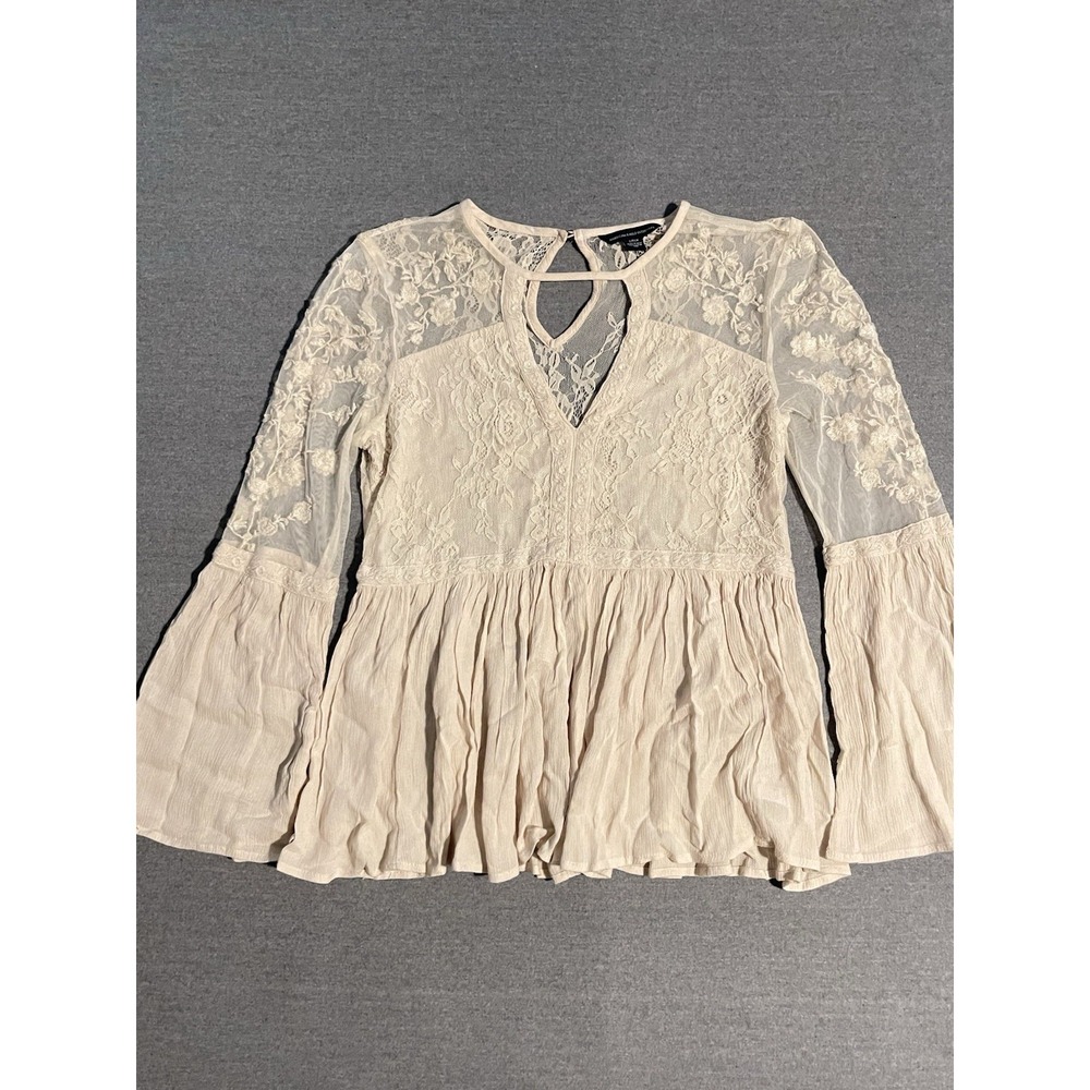 American Eagle Lace Peplum Top Size Small Cream Boho Sheer Sleeve